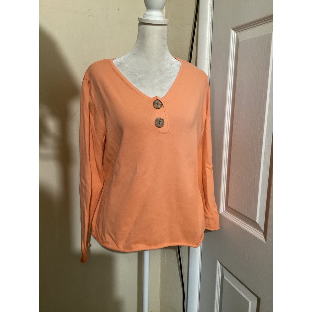 J.Jill Peach Orange Cotton V-Neck Button Accent Long Sleeve Sweater Womens M